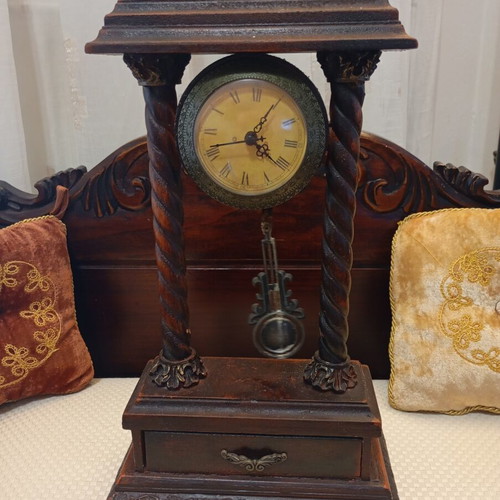 Portico Table Clock 19th Century Used, Wooden Frame, Quartz Mechanism
