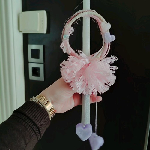 Easter candle handmade with wreath and pom poms, new