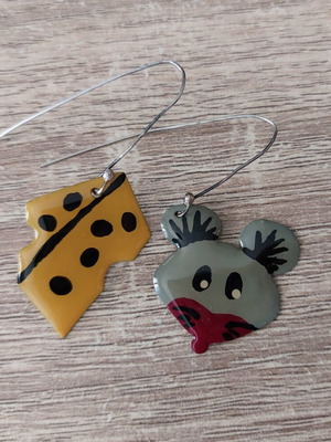 Mouse and Cheese earrings, handmade painted metal