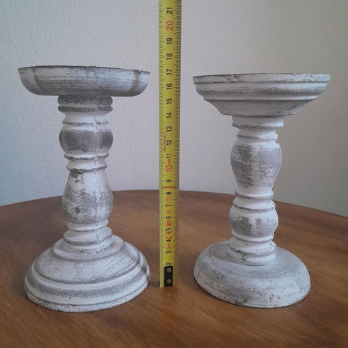 Wooden candlesticks with candles used, set of 2 pieces