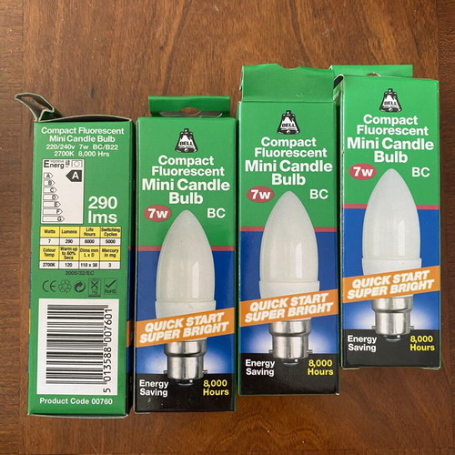 Mini Candle Bulbs 7W compact fluorescent, brand new, pack of 4