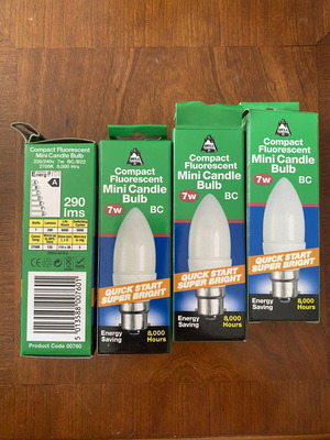 Mini Candle Bulbs 7W compact fluorescent, brand new, pack of 4