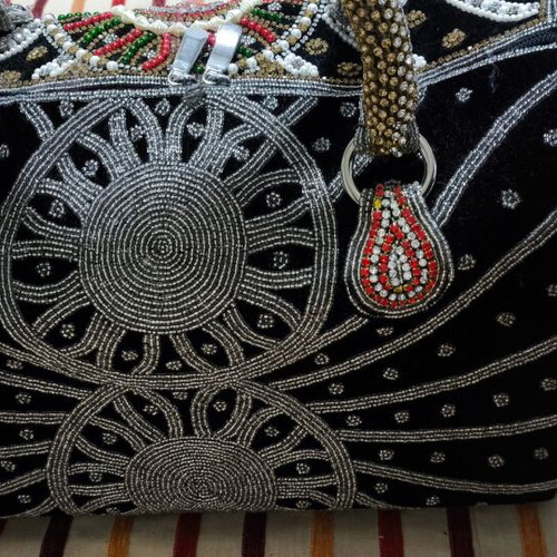 Handmade women's black velvet handbag used with strass