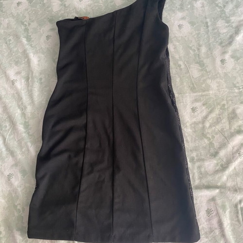Scandalo black mini dress with one shoulder and rhinestones new