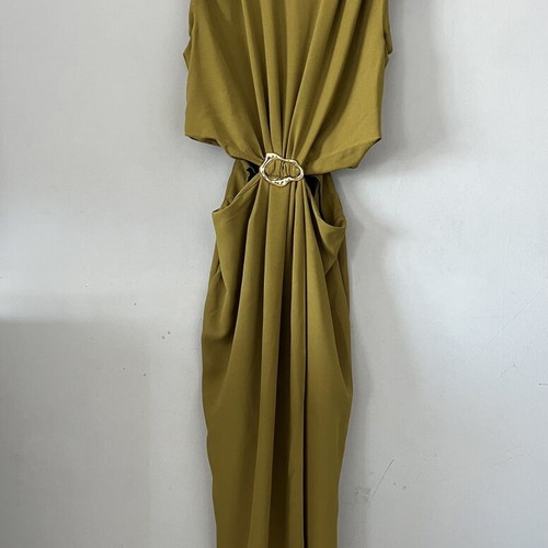 Trendyol long olive dress with gold buckle, size S