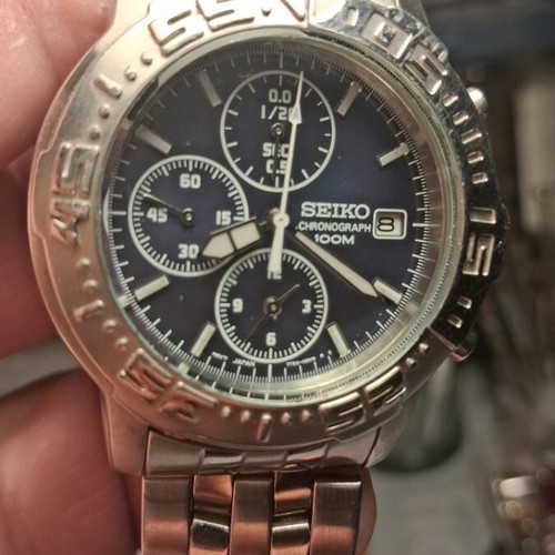 Seiko Quartz Japan Chronograph Alarm watch used, blue dial, silver bracelet