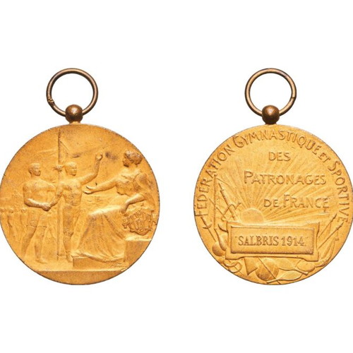 Gold plated Salbris 1914 sports medal like new, France