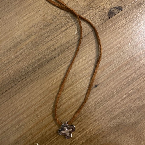 Silver cross with mother of pearl and leather cord new