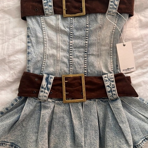 Women's denim dress with brown belt