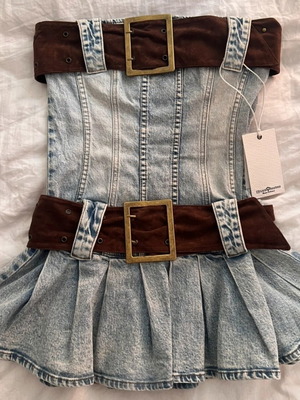 Women's denim dress with brown belt
