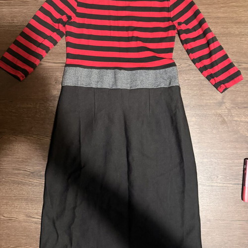 Red and black striped midi dress with grey waistband