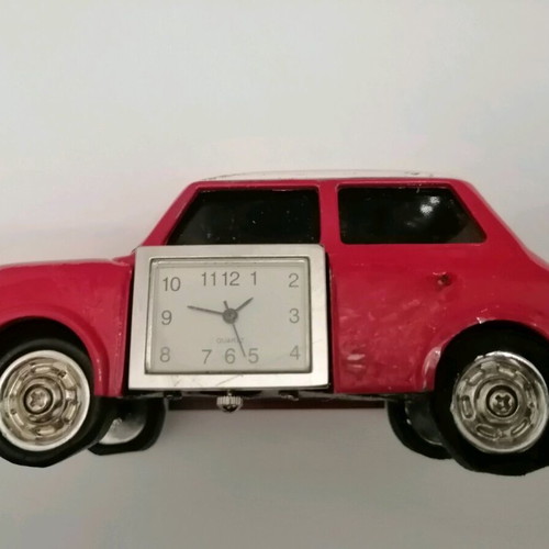 Mini Cooper miniature with clock used, red with white roof