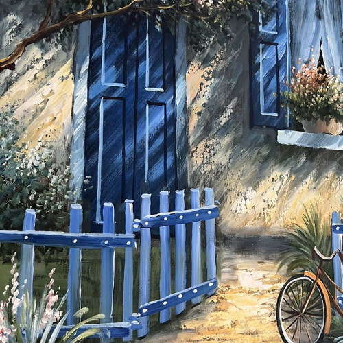Original Mediterranean oil painting with bicycle, framed