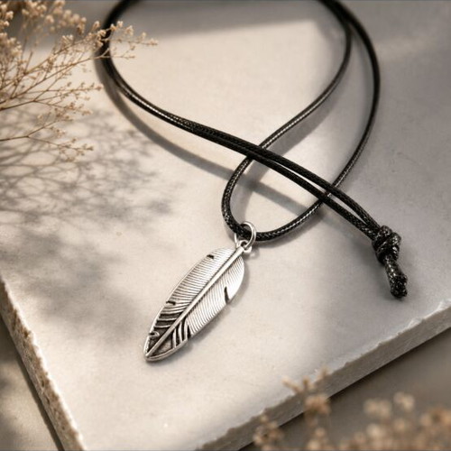 Long necklace with silver leaf pendant and black cord, new