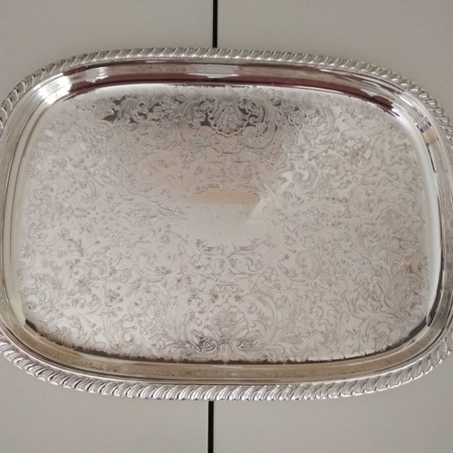 Serving tray used, stainless steel vintage with embossed design 39x28.5 cm