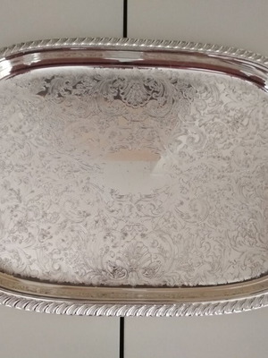 Serving tray used, stainless steel vintage with embossed design 39x28.5 cm