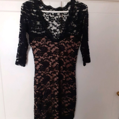 Black lace dress Kikiriki like new, size S, mini with 3/4 sleeves and V neckline