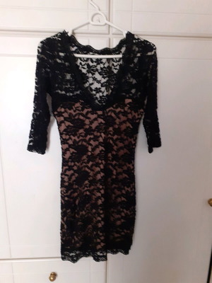 Black lace dress Kikiriki like new, size S, mini with 3/4 sleeves and V neckline
