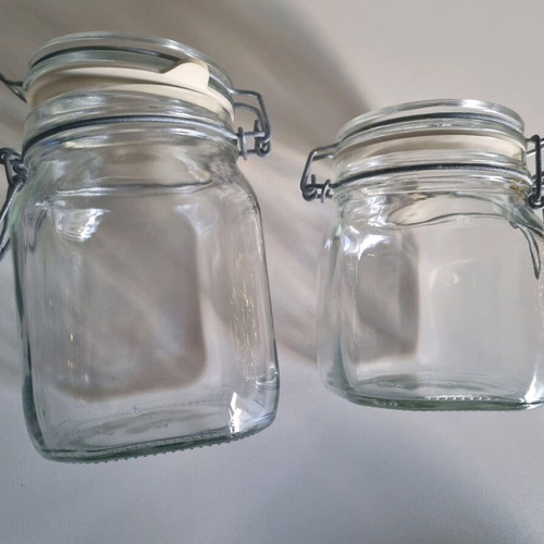 Glass containers used, set of 2 with airtight lids 1 lt and 750 ml