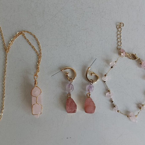 Jewelry set with rose quartz and gold-tone metal elements