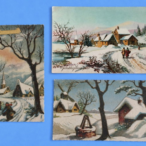 Belle Époque vintage card postal lot of 3, like new, winter scenes