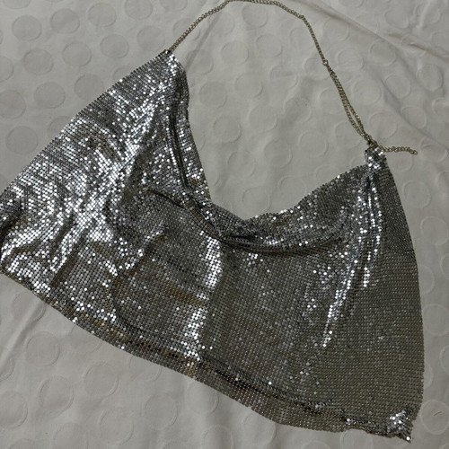 Silver sequin top with chains, backless, size S