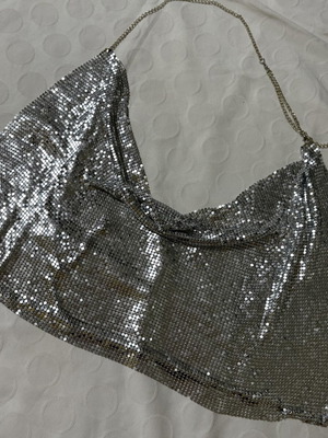 Silver sequin top with chains, backless, size S