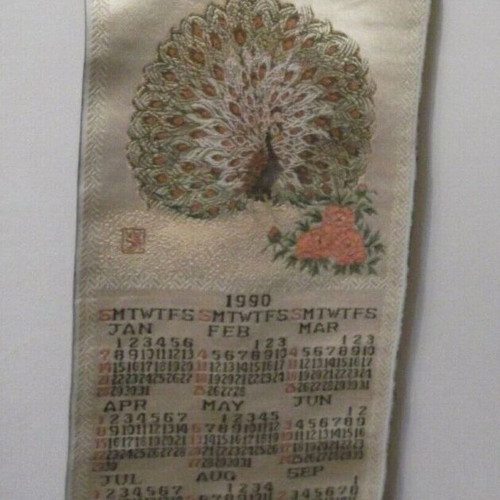 Japanese Wall Hanging Calendar 1990 vintage with Peacock and Flowers used