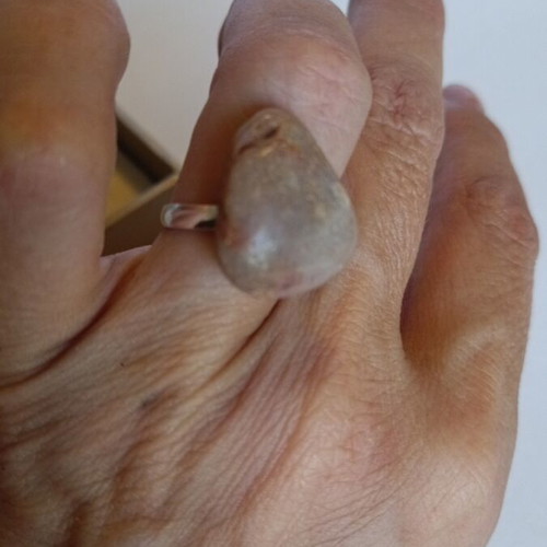 Handmade steel ring with pebble, adjustable opening