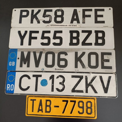 Collectible car license plates used, pack of 5 from England Romania Greece