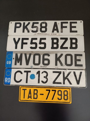 Collectible car license plates used, pack of 5 from England Romania Greece