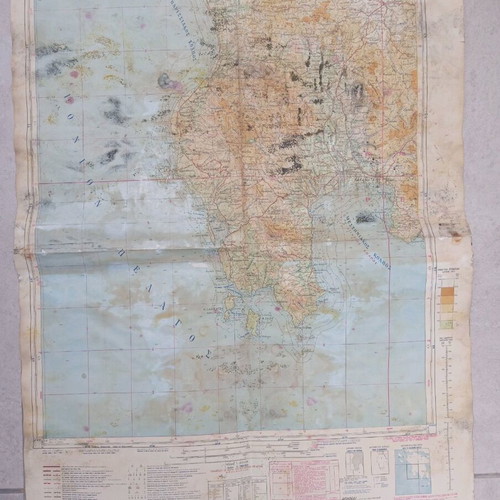 Pylos Kalamata map used, scale 1:200000, moisture damage