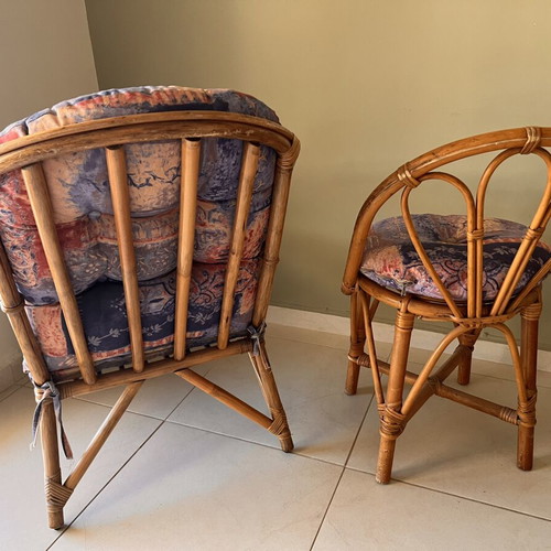 Bamboo furniture set with cushions, vintage boho style