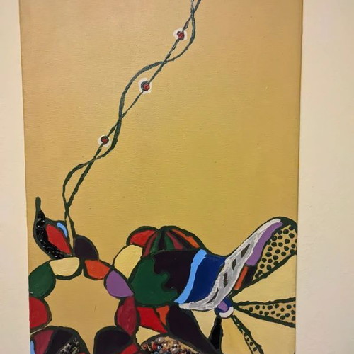 Handmade canvas painting 100x30cm Boho cat art mixed media like new