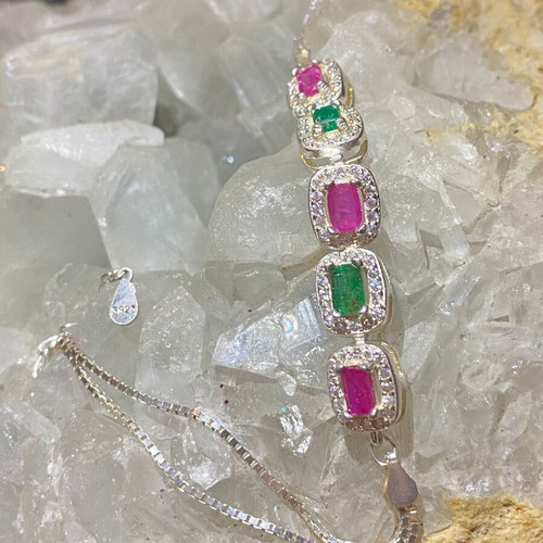 Handmade silver bracelet with natural emerald, ruby and moissanite, new