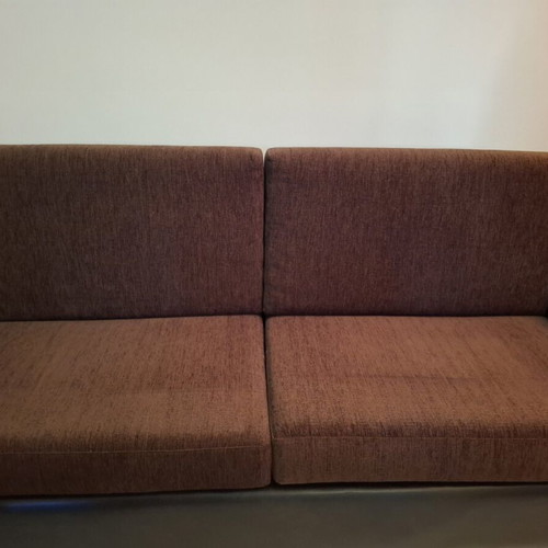 Three-seater sofa like new, genuine leather and fabric, walnut wood frame