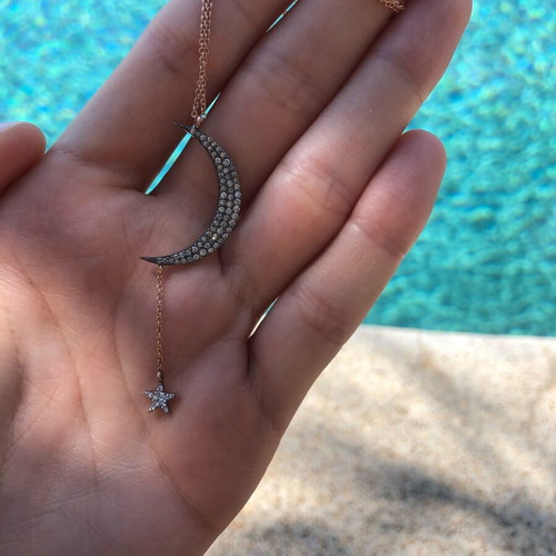 Moon and star necklace like new, pink gold with diamonds