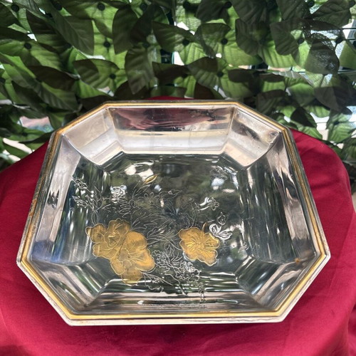 Vintage octagonal silver platter with gold floral details like new