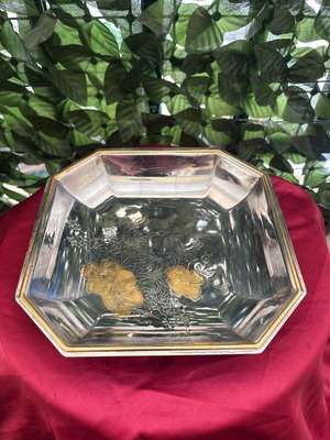 Vintage octagonal silver platter with gold floral details like new