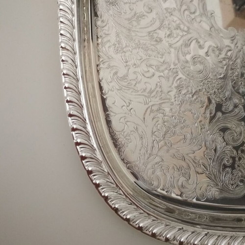 Serving tray used, stainless steel vintage with embossed design 39x28.5 cm