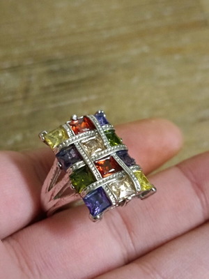 Vintage women's ring with amethyst, topaz, garnet, quartz stones 925 silver size 63