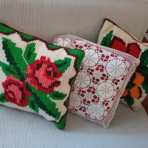 Vintage Handmade Pillows Set of 3 with Embroidery and Crochet