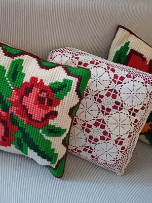Vintage Handmade Pillows Set of 3 with Embroidery and Crochet