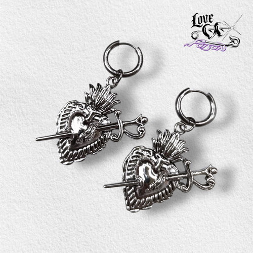 Love X Poison Handmade Stainless Steel Silver Hoop Earrings with Chunky Sacred Dagger Heart