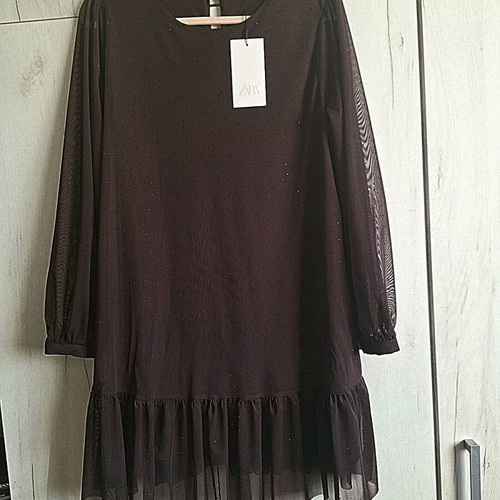 ZARA Special Edition dress with tulle and beads new, brown, size L