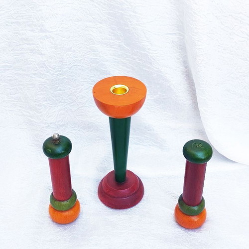 Set of 3 wooden salt shaker, pepper mill and candle holder