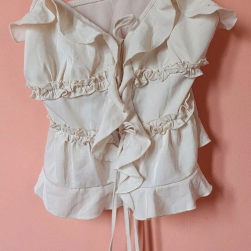 Blouse with cords and ruffles beige, like new, size S
