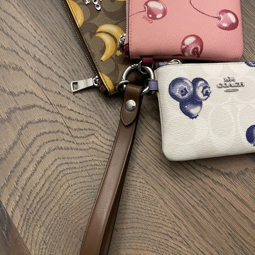 Coach Corner Zip Trio wallet set in signature canvas with fruit print