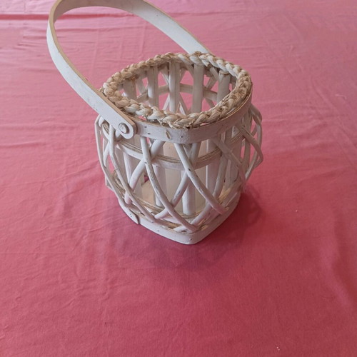 Wicker white Boho lantern with candle like new