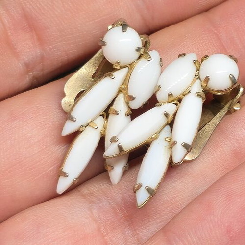 Vintage gold clip-on earrings with white marquise stones like new